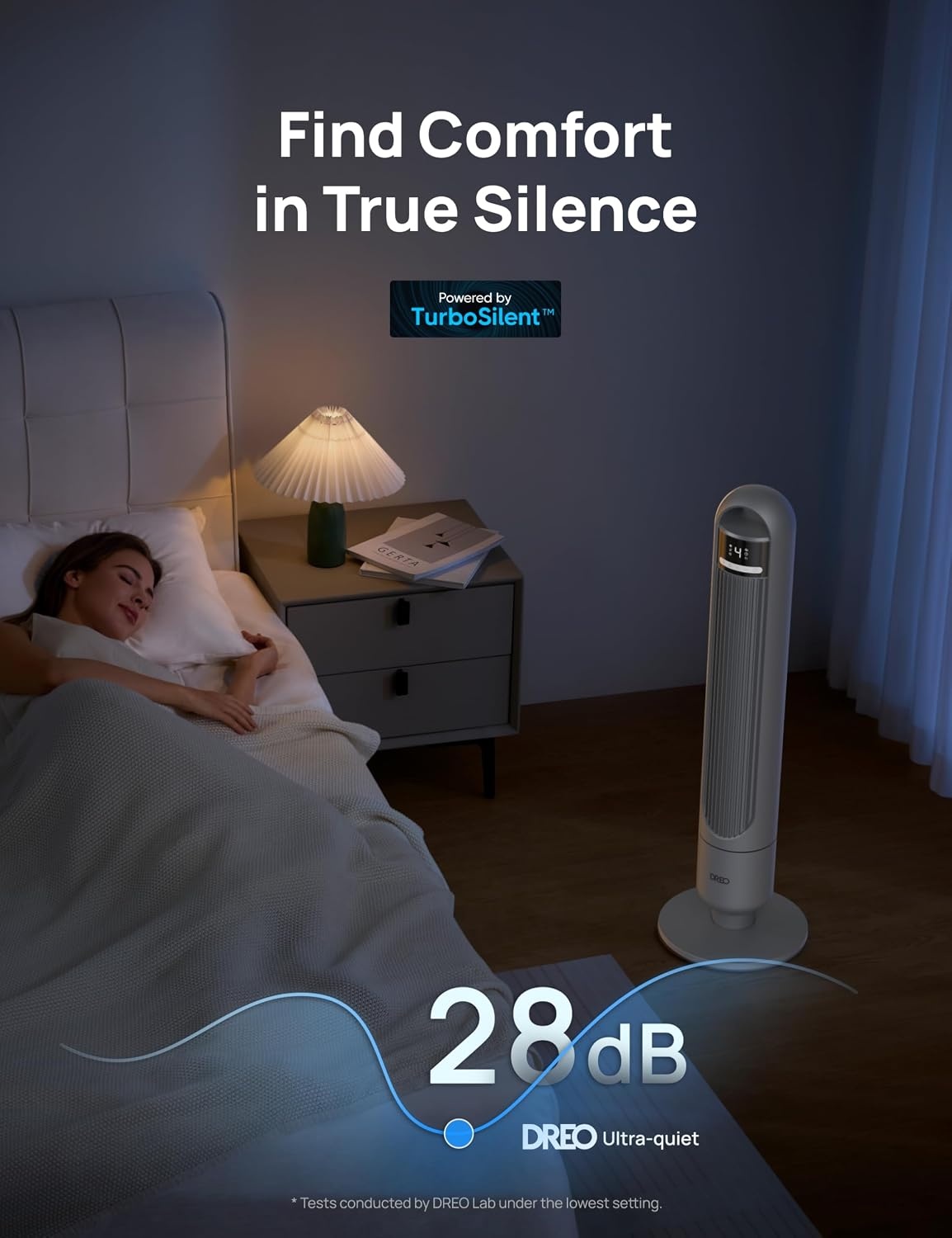 image:imageDREO Tower Fan for Bedroom 90 Oscillating Standing Fans for Room with 4 Speeds 3 Modes 28dB Quiet for Sleep 26fts Velocity 8H Timer Remote Living Room Office Home BlackGrey