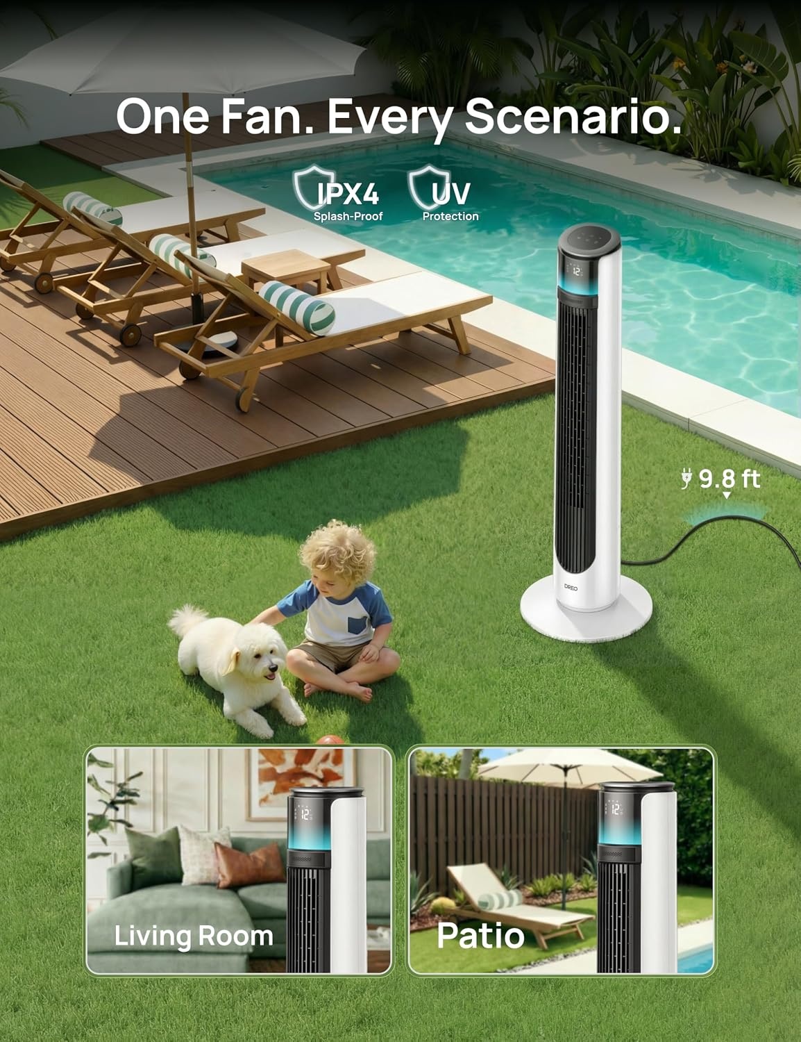 image:imageDREO TurboCool Outdoor Misting Fan 711AS 33 fts High Velocity 12 Speeds 4 Modes Smart Standing Floor Fan 150 Customizable Oscillating 20 dB Quiet DC Motor for Bedroom Weather ResistantWhite