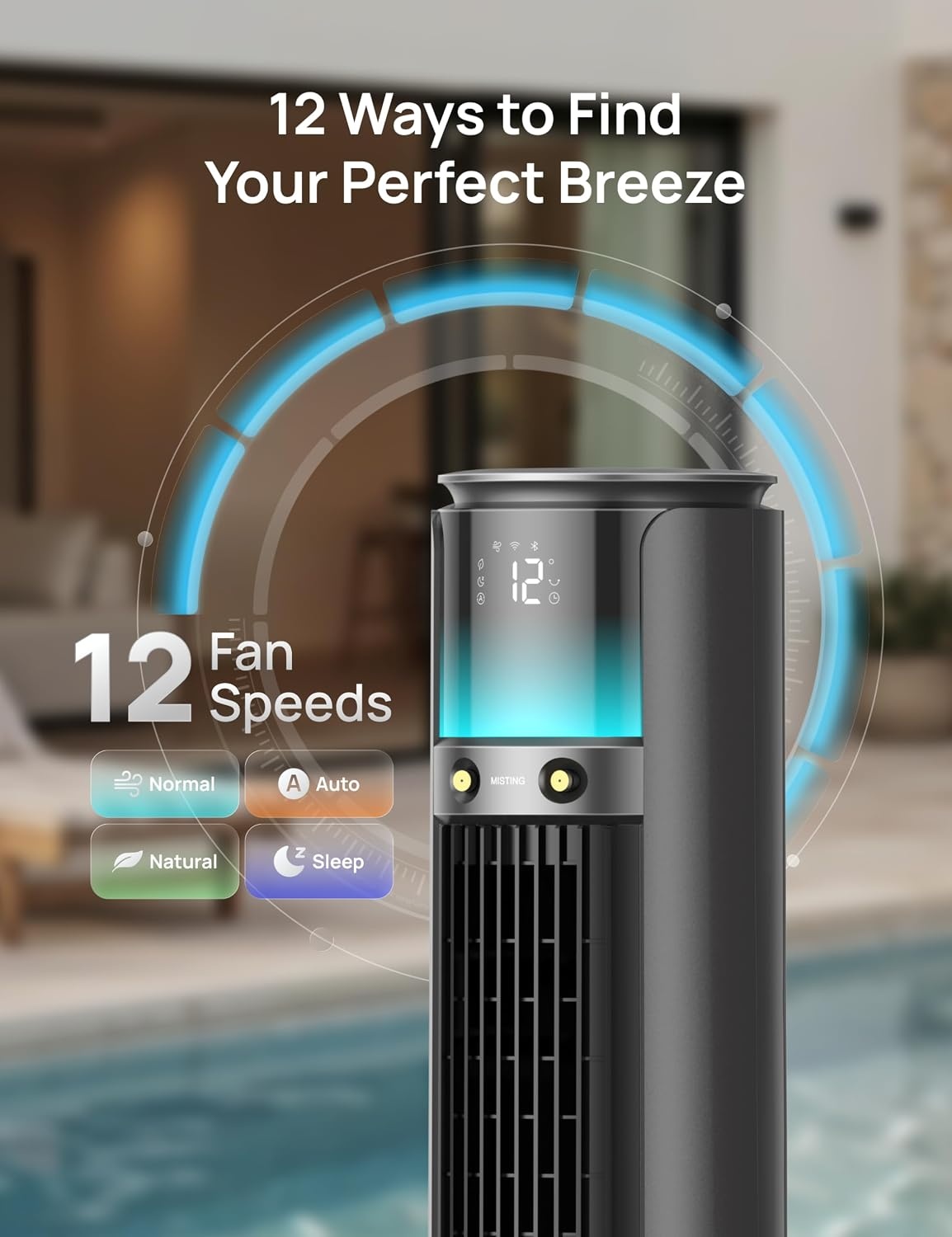 image:imageDREO TurboCool Outdoor Misting Fan 711AS 33 fts High Velocity 12 Speeds 4 Modes Smart Standing Floor Fan 150 Customizable Oscillating 20 dB Quiet DC Motor for Bedroom Weather ResistantCharcoal
