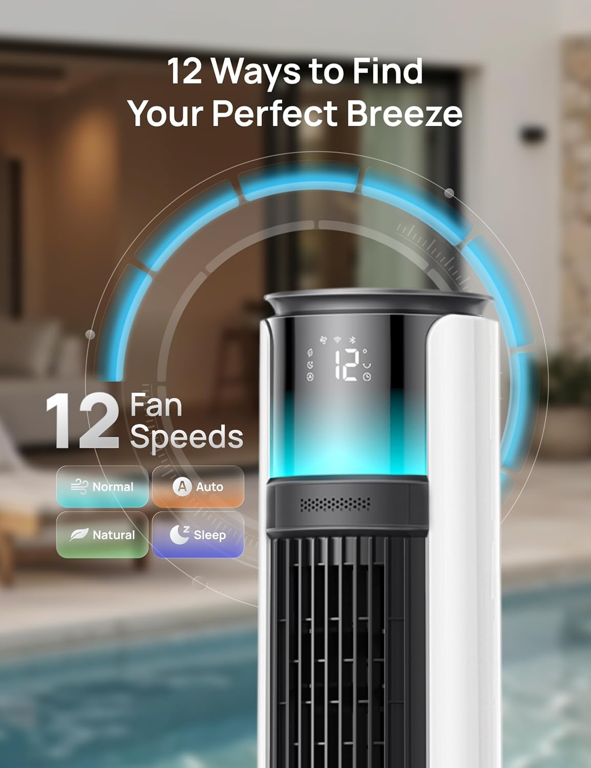 image:imageDREO TurboCool Outdoor Misting Fan 711AS 33 fts High Velocity 12 Speeds 4 Modes Smart Standing Floor Fan 150 Customizable Oscillating 20 dB Quiet DC Motor for Bedroom Weather ResistantWhite
