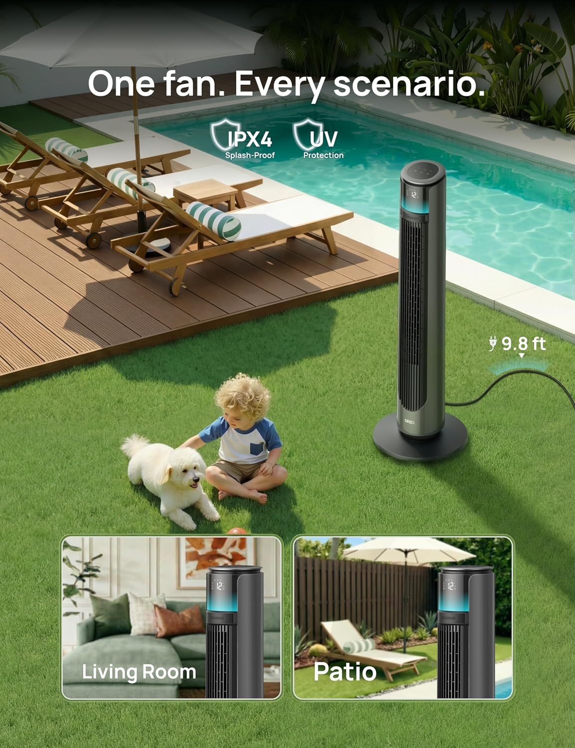 image:imageDREO TurboCool Outdoor Misting Fan 711AS 33 fts High Velocity 12 Speeds 4 Modes Smart Standing Floor Fan 150 Customizable Oscillating 20 dB Quiet DC Motor for Bedroom Weather ResistantGrey
