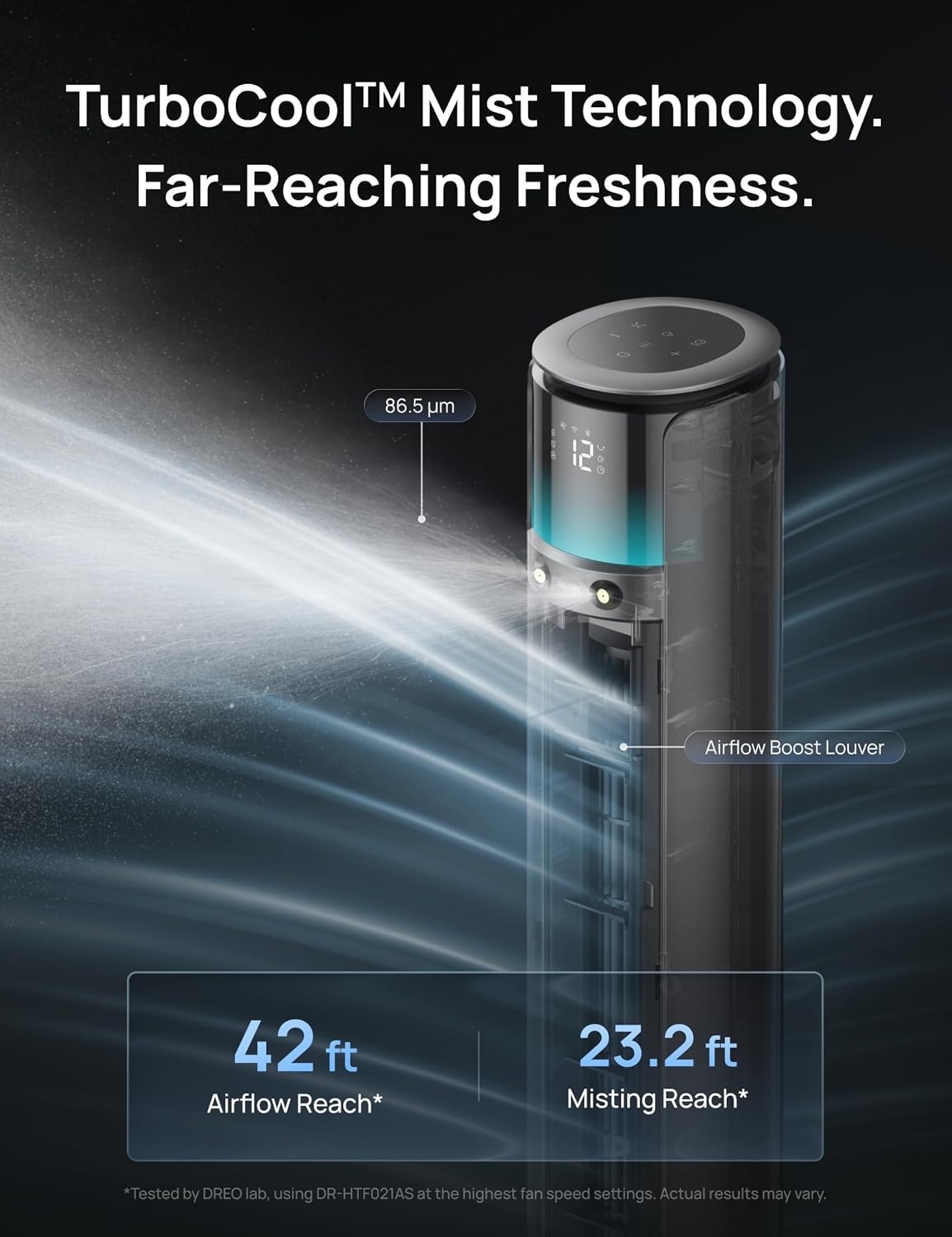 image:imageDREO TurboCool Outdoor Misting Fan 711AS 33 fts High Velocity 12 Speeds 4 Modes Smart Standing Floor Fan 150 Customizable Oscillating 20 dB Quiet DC Motor for Bedroom Weather ResistantCharcoal