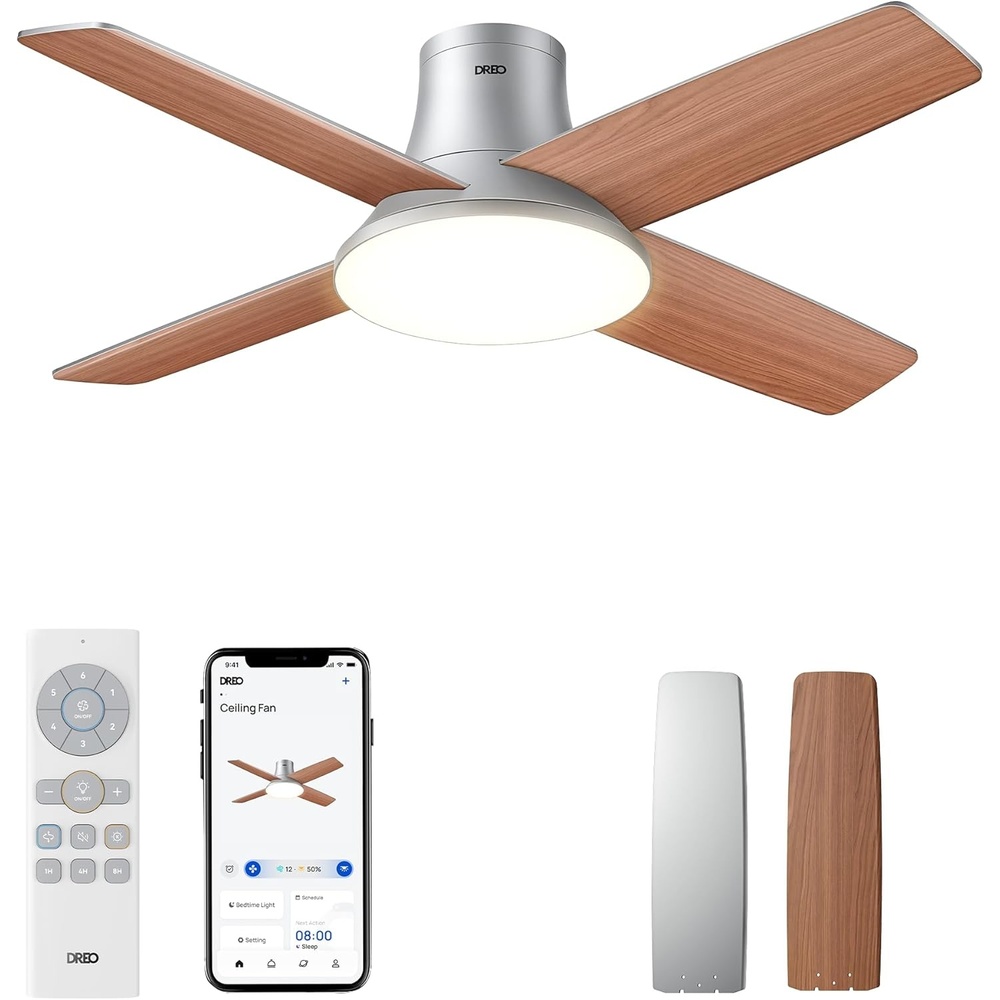 image:imageDREO Ceiling Fans with Lights 12 Speeds amp 3 Fan Modes Quiet DC Motor Low Profile Easy to Install Flush Mount Smart Ceiling Fan with Dimmable LED 12H Timer for Bedroom Remote White 44Silver
