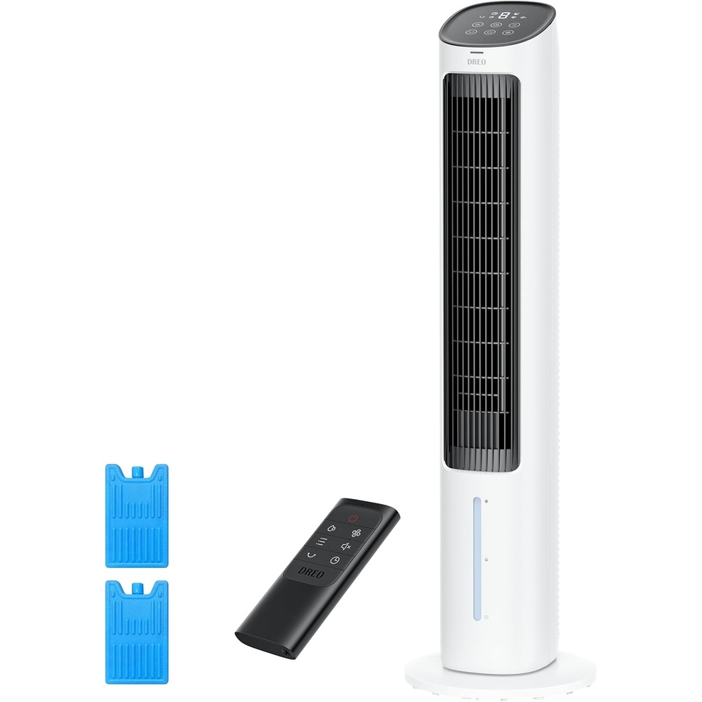 image:imageDREO Evaporative Air Swamp Cooler 40 Standing Fans that Blow Cold Air 80 Oscillating Bladeless Cooling Fan for Bedroom Removable Water Tank Ice Packs Remote Control 4 Speeds 7H Timer WhiteWhite and Black