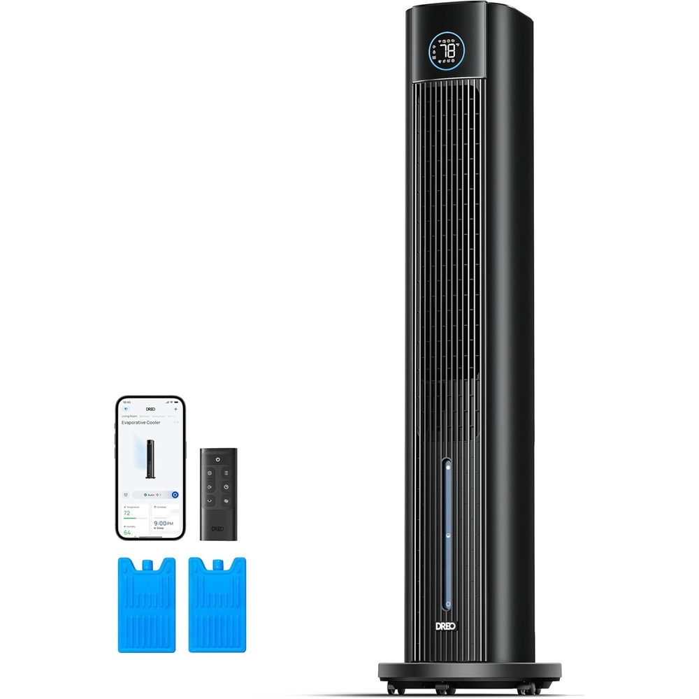 image:imageDREO Evaporative Air Swamp Cooler 43 Cooling Fans that Blow Cold Air 2025 Upgraded 85 Oscillating Floor Fan for Bedroom Easy Cleaning APP Control Ice Packs 4 Speeds amp 4 Modes 12H Timer WhiteBlack