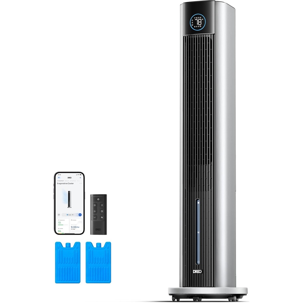 image:imageDREO Evaporative Air Swamp Cooler 43 Cooling Fans that Blow Cold Air 2025 Upgraded 85 Oscillating Floor Fan for Bedroom Easy Cleaning APP Control Ice Packs 4 Speeds amp 4 Modes 12H Timer WhiteSilver