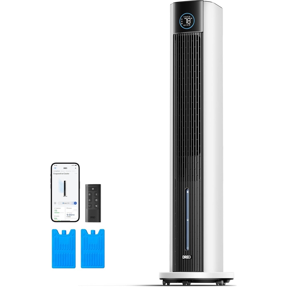 image:imageDREO Evaporative Air Swamp Cooler 43 Cooling Fans that Blow Cold Air 2025 Upgraded 85 Oscillating Floor Fan for Bedroom Easy Cleaning APP Control Ice Packs 4 Speeds amp 4 Modes 12H Timer WhiteWhite
