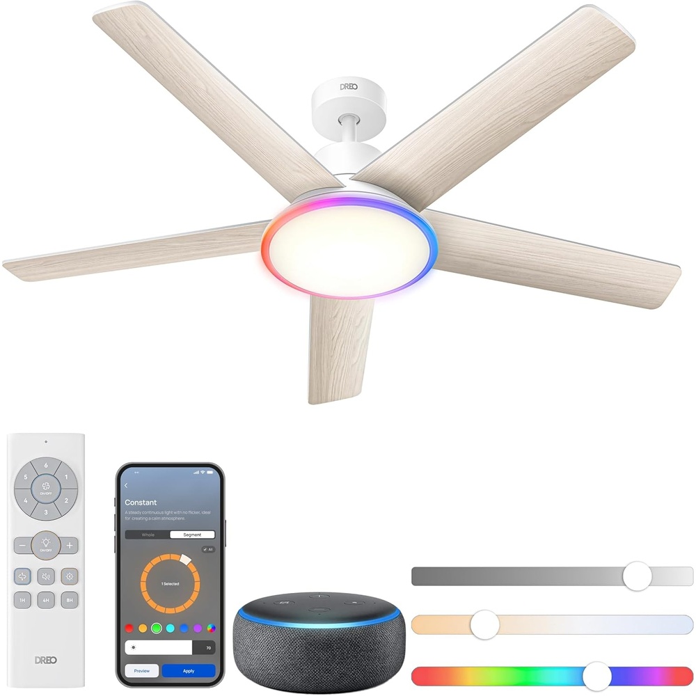 image:imageDREO Smart Ceiling Fan with Lights 52 Inch 12 Speeds amp 3 Fan Modes Stepless Dimmable LED Light Timer 22dB Quiet DC Motor RemoteAPPAlexa Control Silver Ceiling Fans Indoor 2026 UpgradedWhite