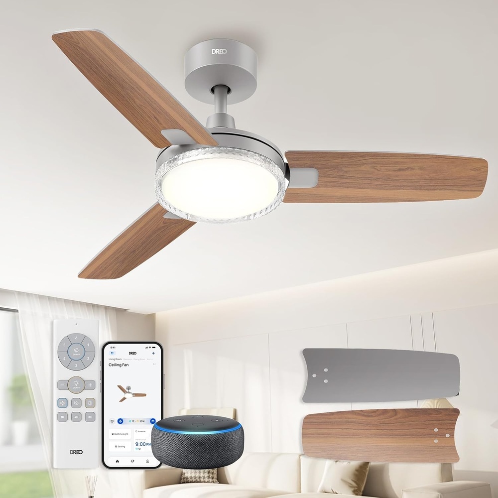 image:imageDREO Smart Ceiling Fans with Lights 42 Inch Black Ceiling Fan 12 Speeds amp 3 Fan Modes Stepless Color Tones Dimmable LED Light 112H Timer Quiet DC Motor RemoteAPPAlexaWall Switch ControlGrey