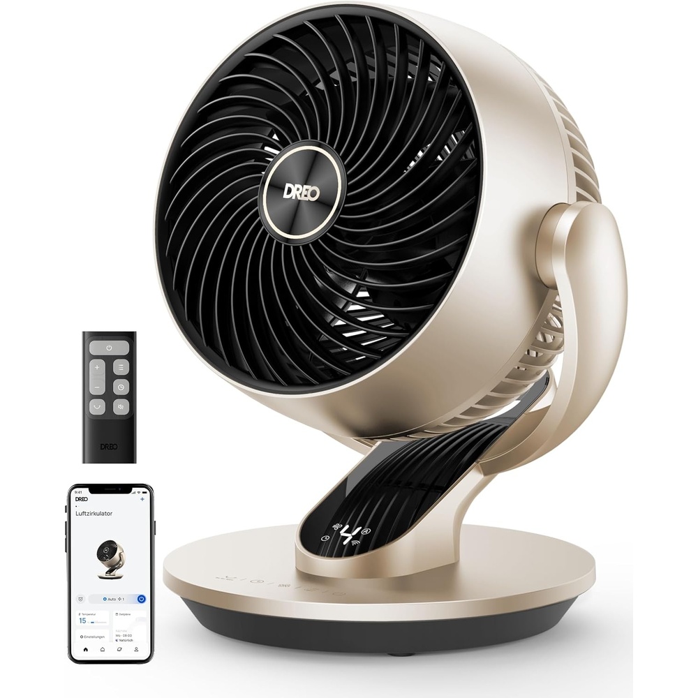 image:imageDREO Smart Fan for Bedroom120 Vertical and 90 Oscillating Fan with RemoteVoice 13 Inch Height Quiet Air Circulator for Whole Room 70 ft 4 Speeds 5 Modes 12H Timer Desk Fans for Home OfficeGold