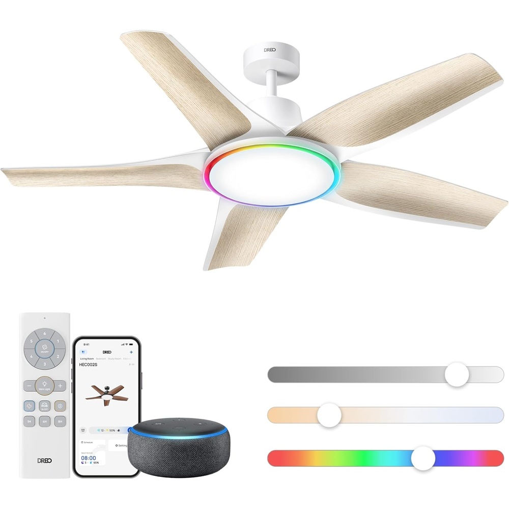 image:imageDREO Smart RGBIC Ceiling Fans with Lights Low profile Ceiling Fan with AlexaApp 52 Dimmable Lighting amp Color Tuning 25dB Quiet for Living Room Game Room Easy Installation Black 2026 UpgradedWhite