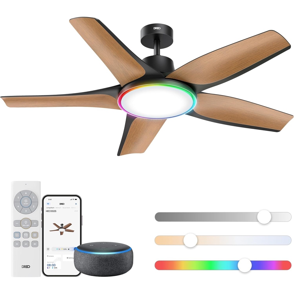 image:imageDREO Smart RGBIC Ceiling Fans with Lights Low profile Ceiling Fan with AlexaApp 52 Dimmable Lighting amp Color Tuning 25dB Quiet for Living Room Game Room Easy Installation Black 2026 UpgradedBlack