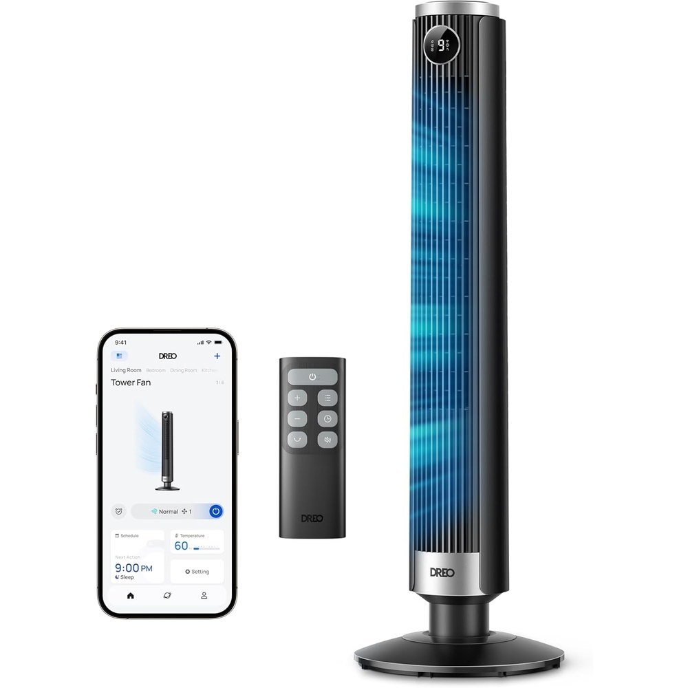 image:imageDREO Smart Tower Fan for Bedroom 4045 Adjustable Height 28 fts Velocity DC Motor 9 Speeds 4 Modes 90Oscillating Standing Fan 20dB Quiet 12H Timer for Home Office GoogleAlexa BlackBlack