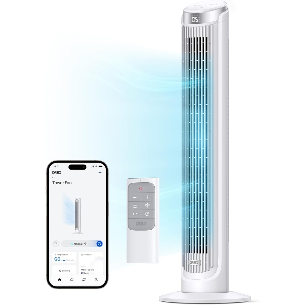 image:imageDREO Smart Tower Fan for Bedroom 90 Oscillating 40 Standing Fan 26fts HighSpeed 5 Speeds 4 Modes Quiet Room Floor Fans TouchRemoteAPP amp Voice Control Work with Alexa 12H Timer SilverWhite