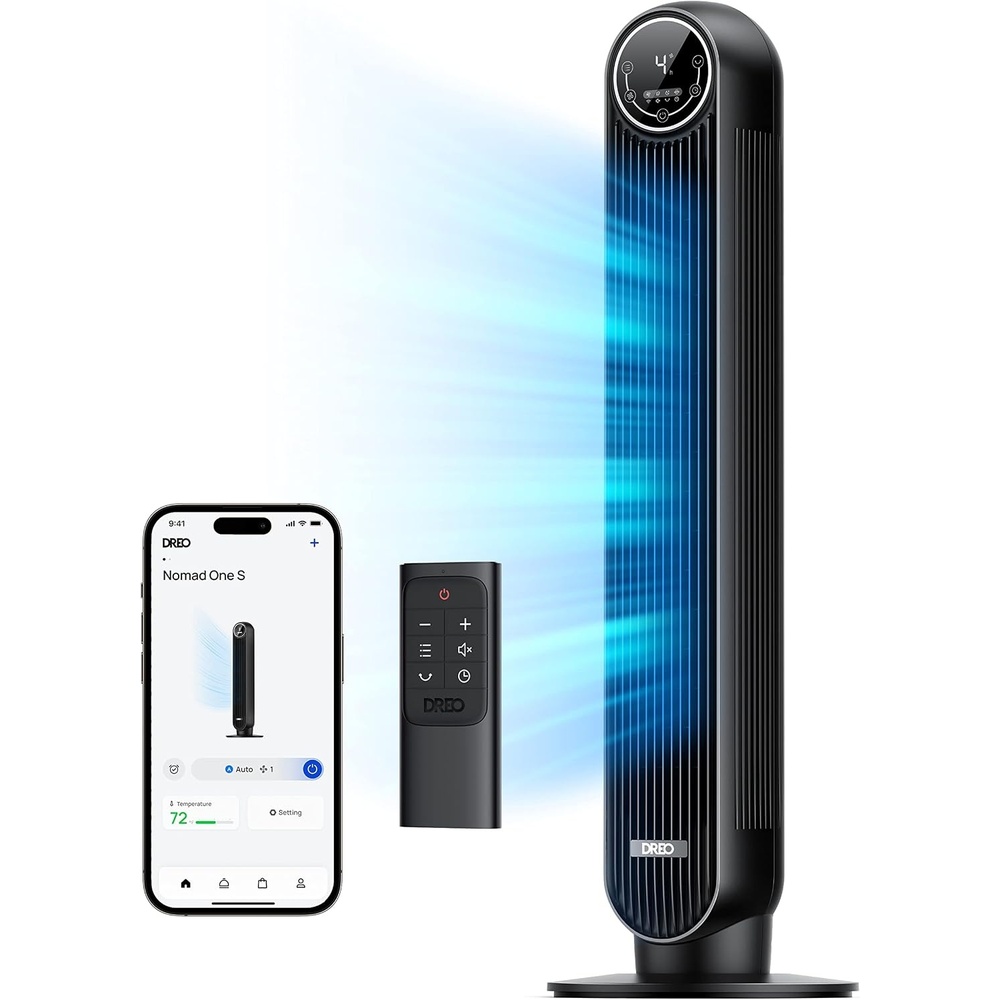 image:imageDREO Tower Fan for Bedroom 2026 Upgraded DC Motor 28fts High Velocity 20dB Ultra Quiet Standing Fan 8 Speeds 4 Modes 90 Oscillating Bladeless Fan for Indoors Floor Fans with Remote BlackPure Black