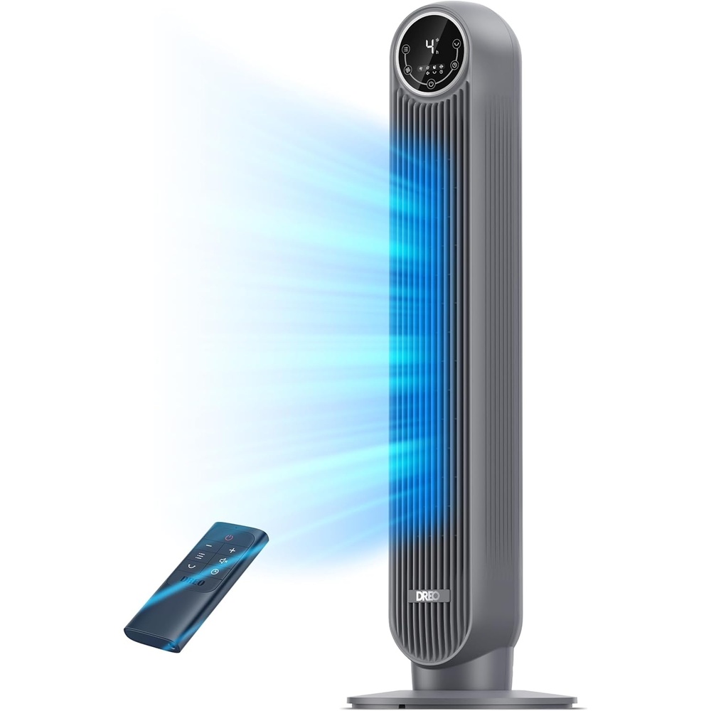 image:imageDREO Tower Fan for Bedroom 2026 Upgraded DC Motor 28fts High Velocity 20dB Ultra Quiet Standing Fan 8 Speeds 4 Modes 90 Oscillating Bladeless Fan for Indoors Floor Fans with Remote BlackGrey
