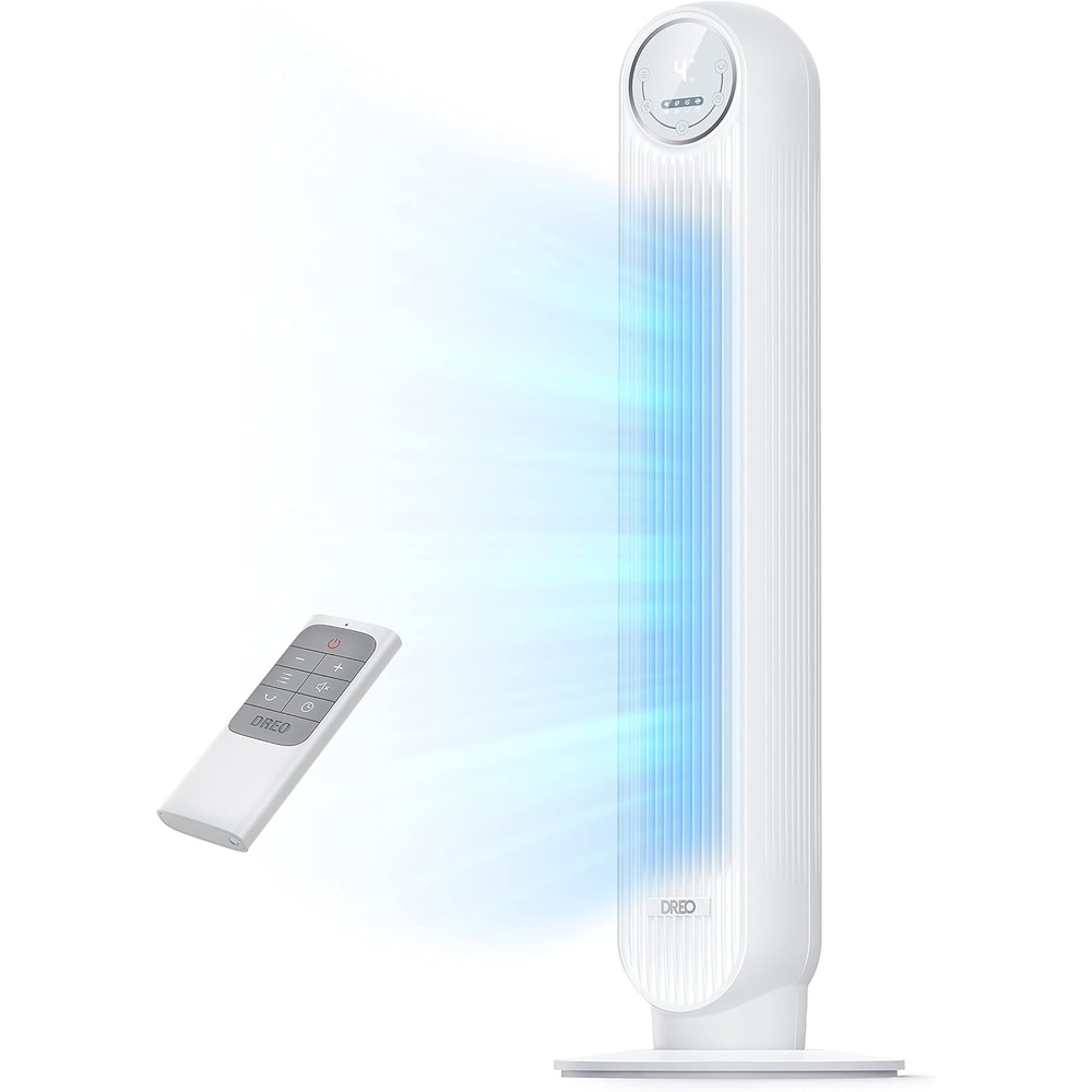 image:imageDREO Tower Fan for Bedroom 2026 Upgraded DC Motor 28fts High Velocity 20dB Ultra Quiet Standing Fan 8 Speeds 4 Modes 90 Oscillating Bladeless Fan for Indoors Floor Fans with Remote BlackWhite