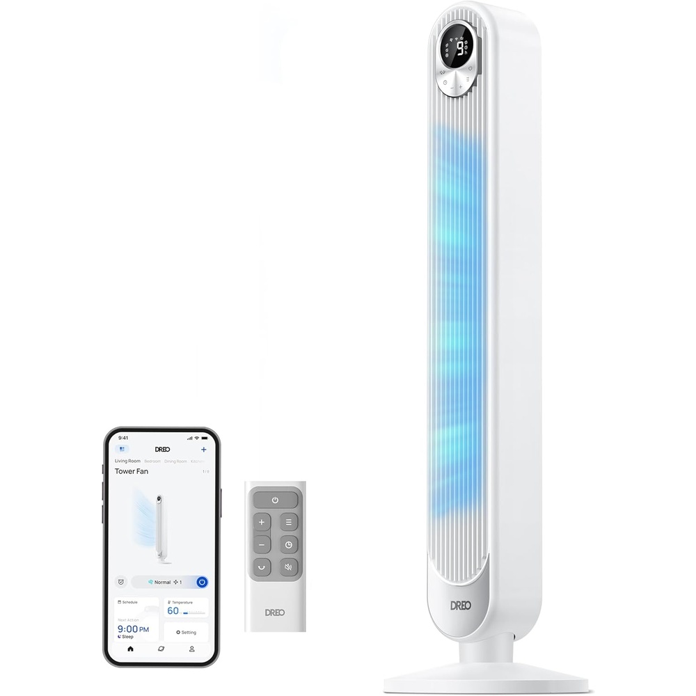 image:imageDREO Tower Fan for Bedroom 28 fts 20dB Quiet Fans that Blow Cold Air 9 Speeds 4 Modes 12H Timer Oscillating Cooling Standing Floor Fan Powerful for Indoor Home Office Room LED Display 42 inchPure White