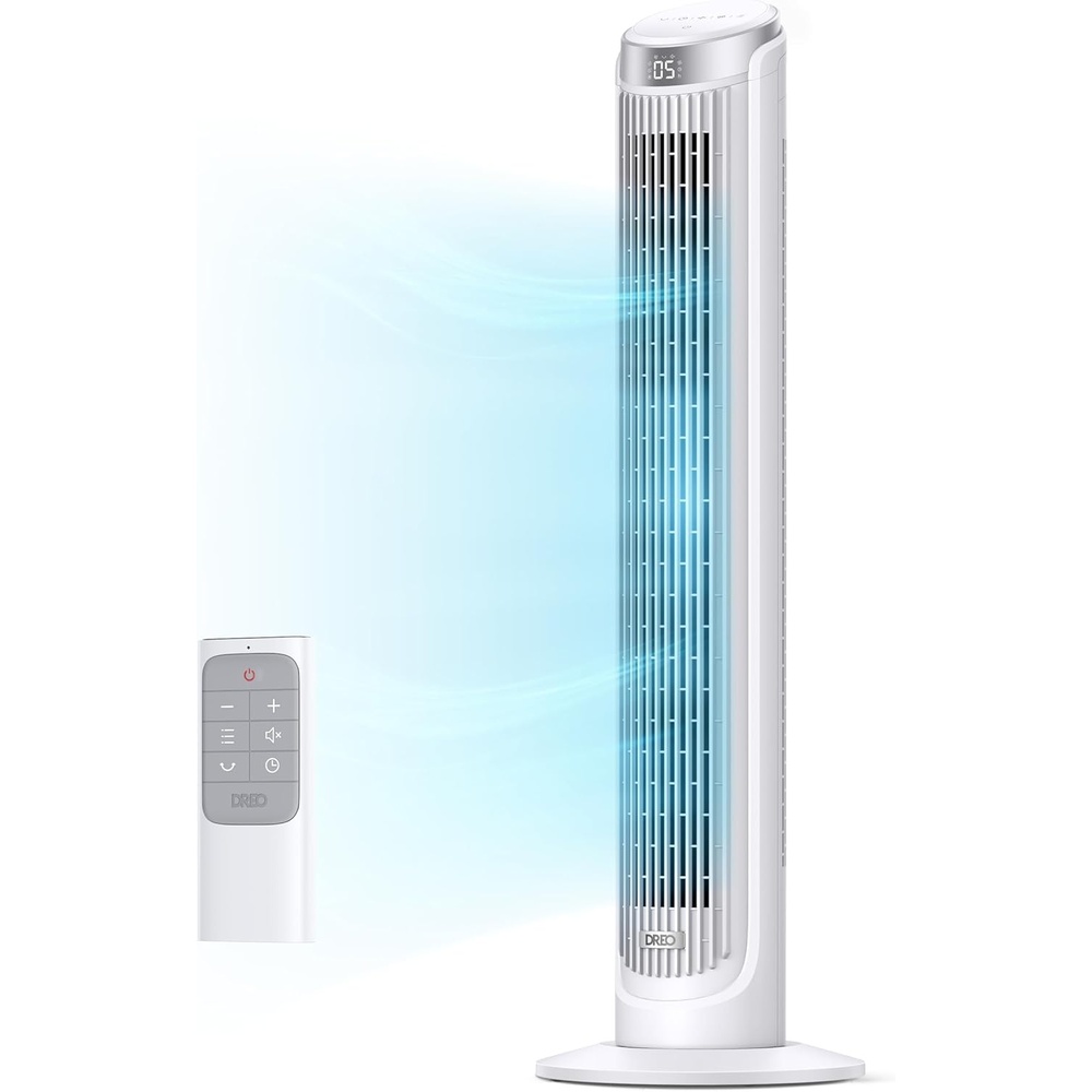 image:imageDREO Tower Fan for Bedroom 90 Oscillating Fans that Blow Cold Air 5 Speeds 4 Modes with 26fts Velocity 12H amp 28dB Quiet Timer Remote Touch 40 Standing Floor Fan for Home Office BlackWhite