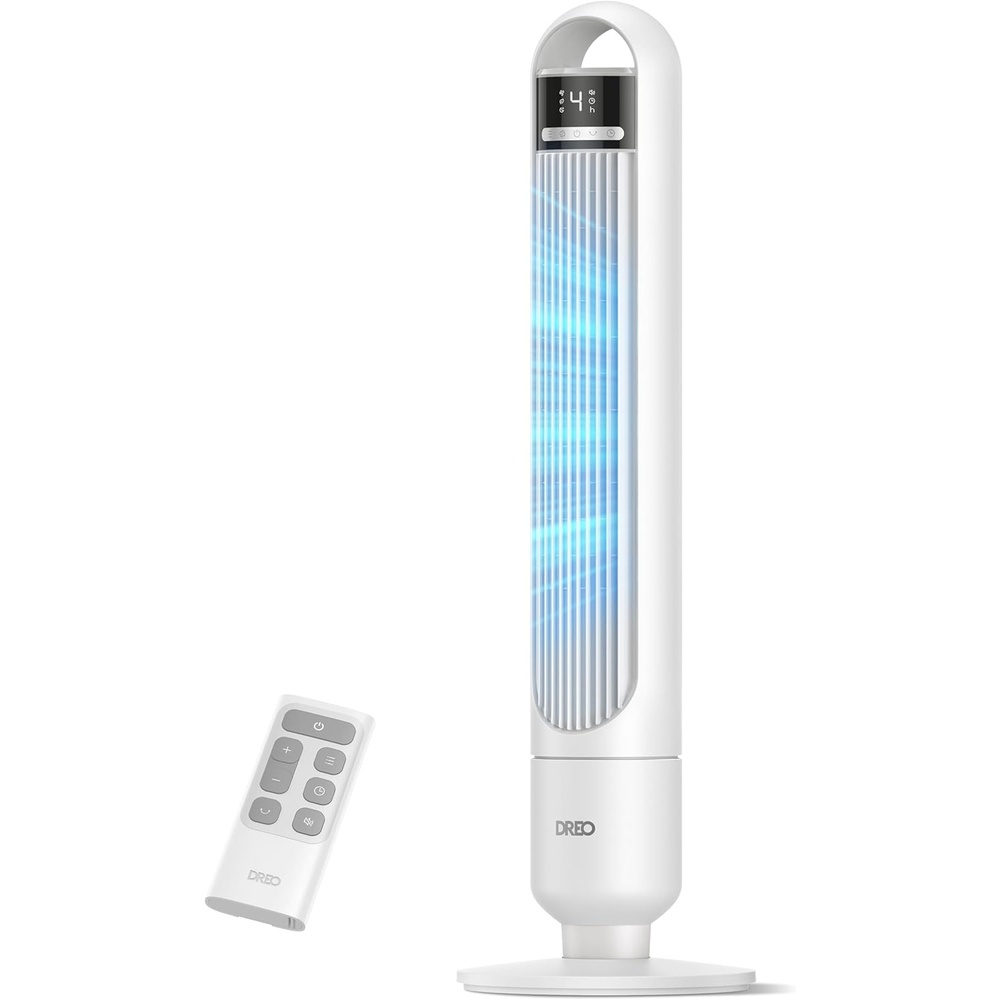 image:imageDREO Tower Fan for Bedroom 90 Oscillating Standing Fans for Room with 4 Speeds 3 Modes 28dB Quiet for Sleep 26fts Velocity 8H Timer Remote Living Room Office Home BlackWhite