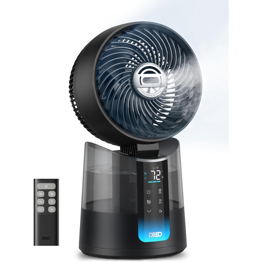 image:imageDREO TurboCool Misting Fan 516 5 Drop Cooling Fans that Blow Cold Air 15030 Omnidirectional Oscillating Evaporative air cooler 26 fts Wind Ultrafine Mist 20dB Quiet 6 Speeds 2 Modes GreyBlack