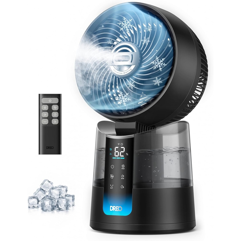 image:imageDREO TurboCool Misting Fan 516 5 Drop Cooling Fans that Blow Cold Air 15030 Omnidirectional Oscillating Evaporative air cooler 26 fts Wind Ultrafine Mist 20dB 6 Speeds 2 Modes WhiteBlack