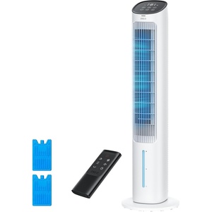 DREO Evaporative Air Swamp Cooler, 40” Standing Fans that Blow Cold Air, 80° Oscillating Bladeless Cooling Fan for Bedroom, Removable Water Tank, Ice Packs, Remote Control, 4 Speeds, 7H Timer, White(White)
