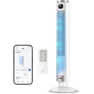 DREO Smart Tower Fan for Bedroom, 40”-45” Adjustable Height, 28 ft/s Velocity, DC Motor, 9 Speeds, 4 Modes, 90°Oscillating, Standing Fan, 20dB Quiet, 12H Timer for Home, Office, Google/Alexa, Black(White)