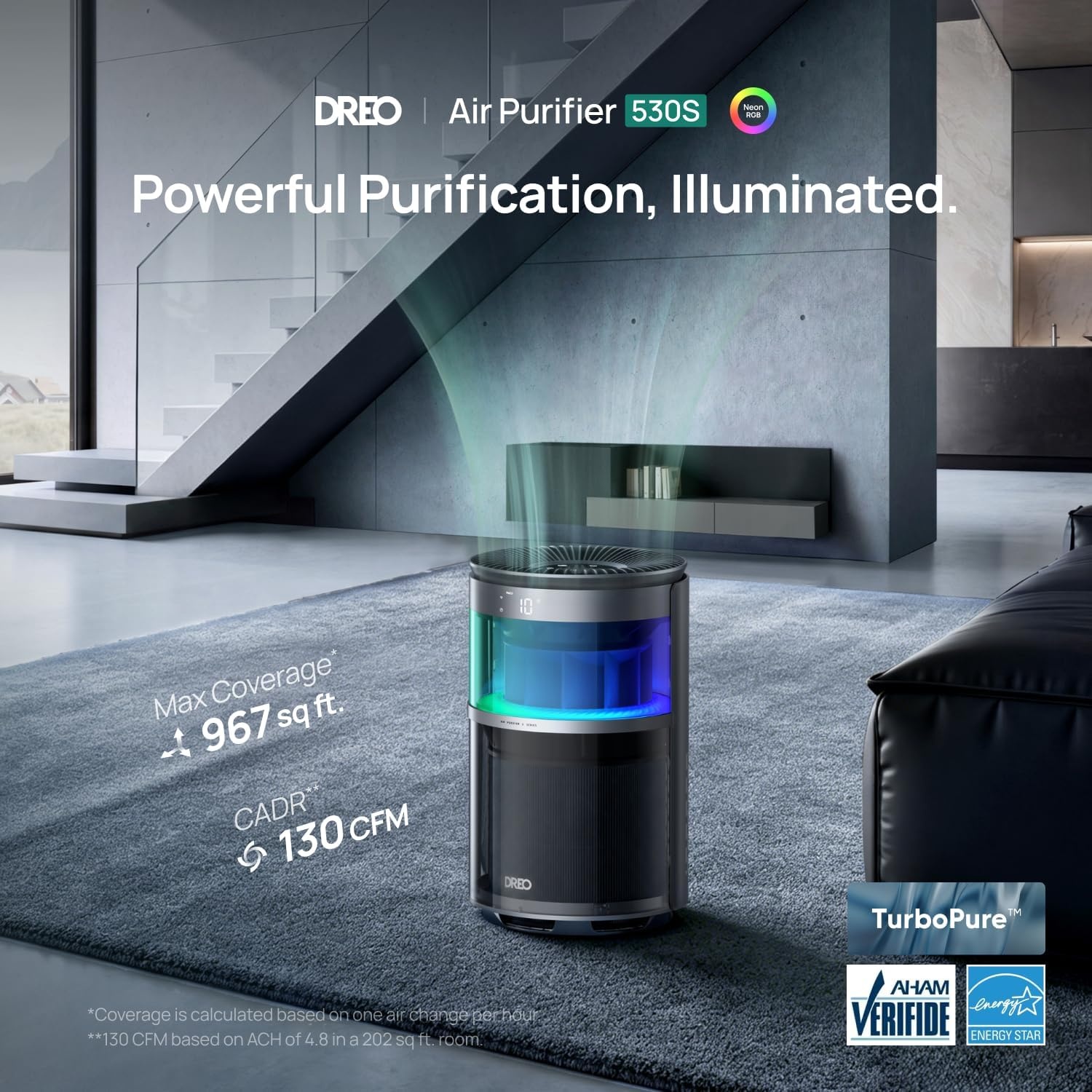 image:imageDREO Smart Air Purifier 530S With RGBIC LightHome HEPA Air Cleaner with WiFiVoiceAlexaSmokeDustPollenOdorPM25 Quality Monitor4 Fan Speeds amp AutoTurbo18dB Quiet Sleep ModesDRHAP010S