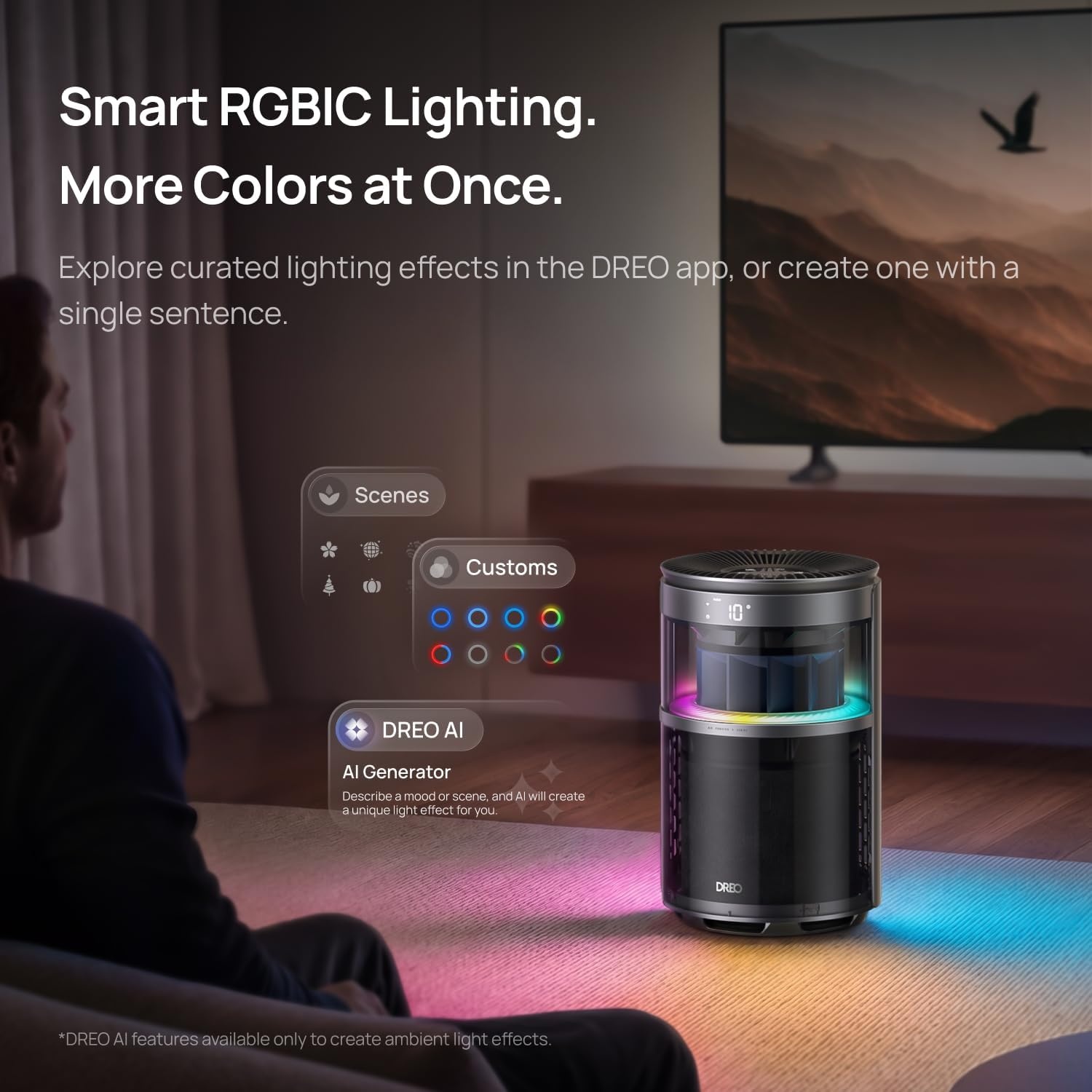 image:imageDREO Smart Air Purifier 530S With RGBIC LightHome HEPA Air Cleaner with WiFiVoiceAlexaSmokeDustPollenOdorPM25 Quality Monitor4 Fan Speeds amp AutoTurbo18dB Quiet Sleep ModesDRHAP010S