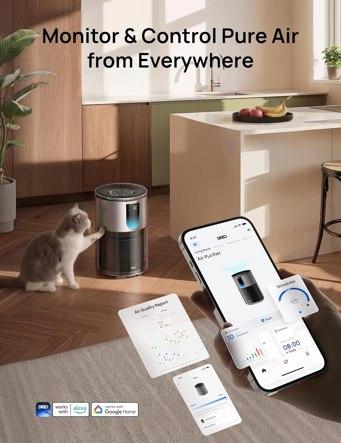 image:imageDREO Smart Pet Air Purifier for Home Bedrooms Air Cleaner with WiFiVoiceAlexa AutoTurboHEPA Sleep Mode for Smoke Dust Pollen Odor PM25 Quality Monitor 4 Speeds DRHAP009AS DREO 539AS