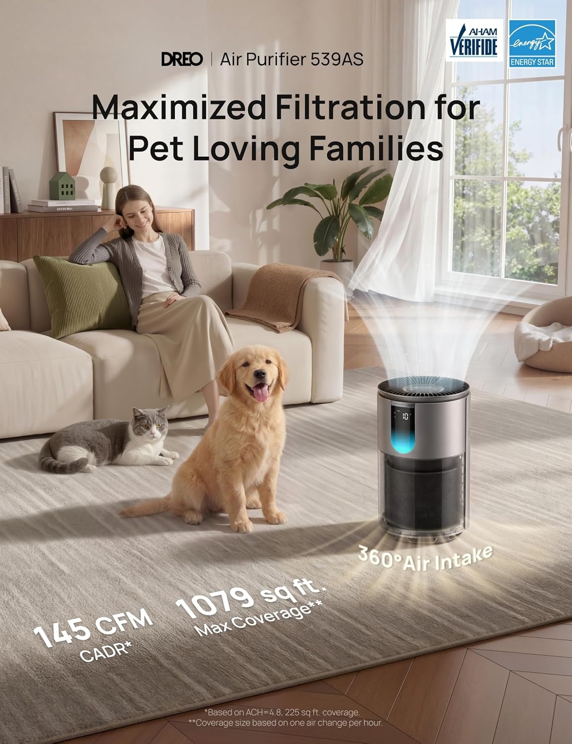 image:imageDREO Smart Pet Air Purifier for Home Bedrooms Air Cleaner with WiFiVoiceAlexa AutoTurboHEPA Sleep Mode for Smoke Dust Pollen Odor PM25 Quality Monitor 4 Speeds DRHAP009AS DREO 539AS